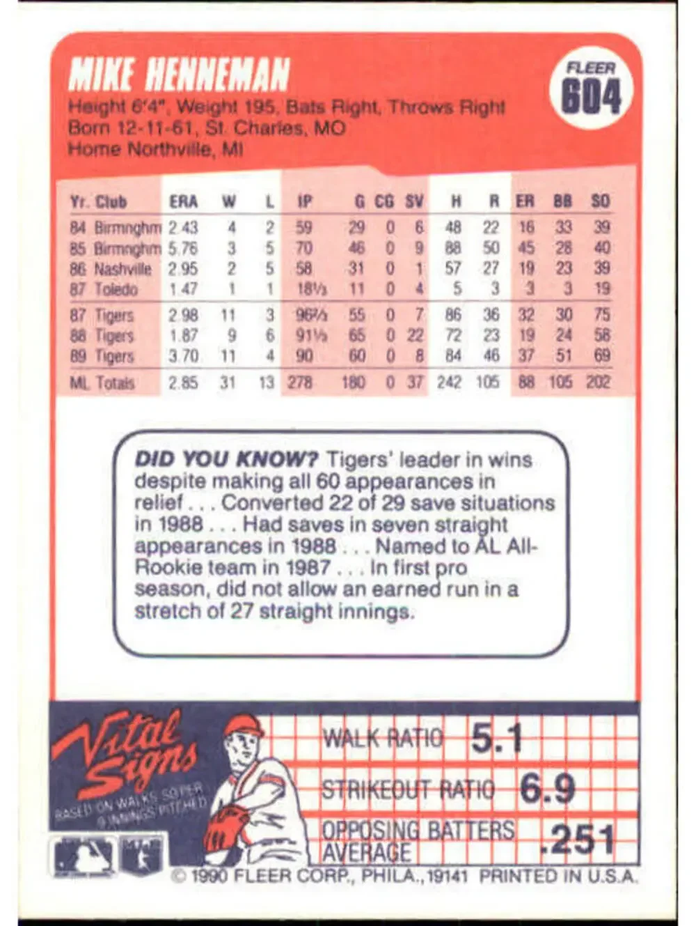 1990 Mike Henneman Fleer Baseball Card #604