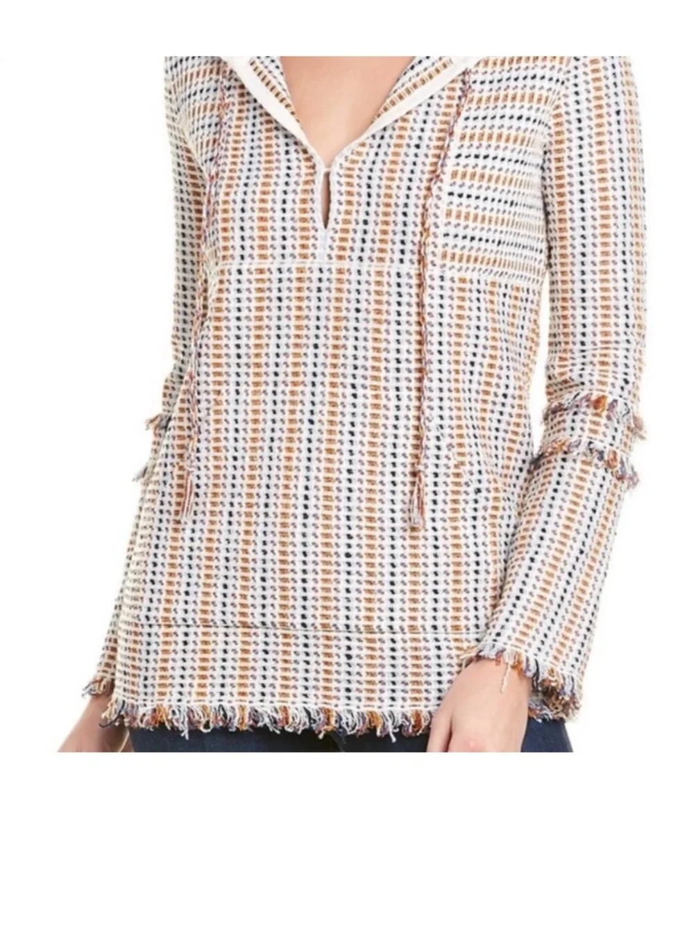Tory Burch Woven Hooded Tunic in White, Tan & Blue SP