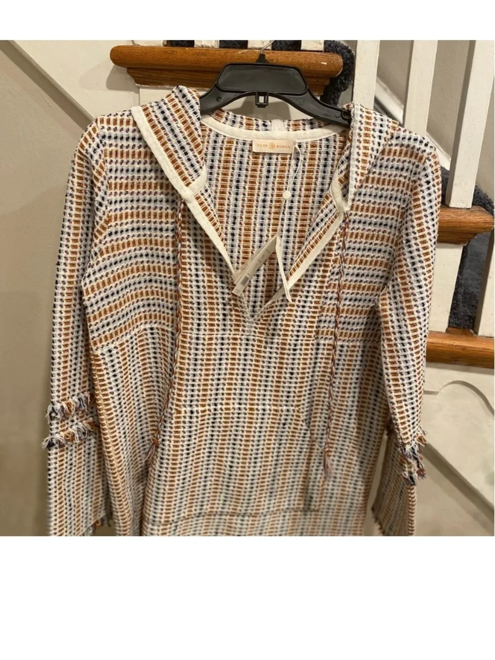 Tory Burch Woven Hooded Tunic in White, Tan & Blue SP