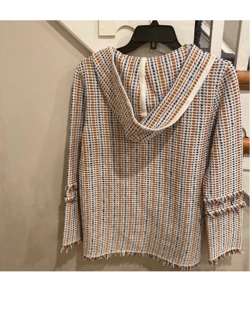 Tory Burch Woven Hooded Tunic in White, Tan & Blue SP