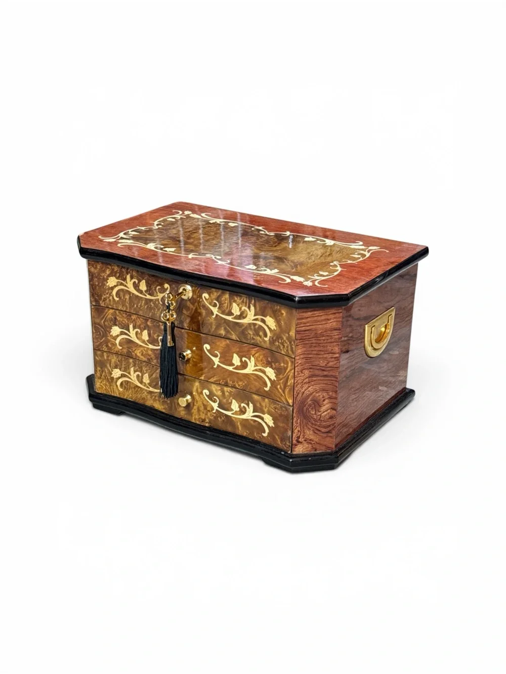 Vintage Italian Inlaid Burl Wood Glossy Jewelry Chest Box Inlayed Burl Wood Box