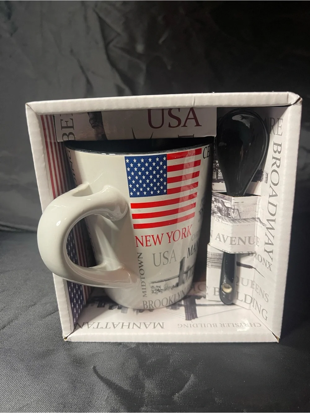 New York USA Flag Ceramic Coffee Mug with Black Spoon