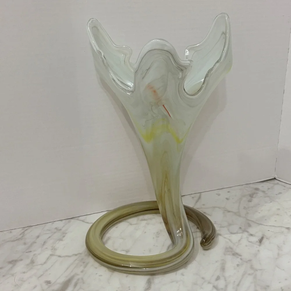 Vintage Murano Style Hand-Blown‎ Art Glass Vase Yellow White Swirl Pattern