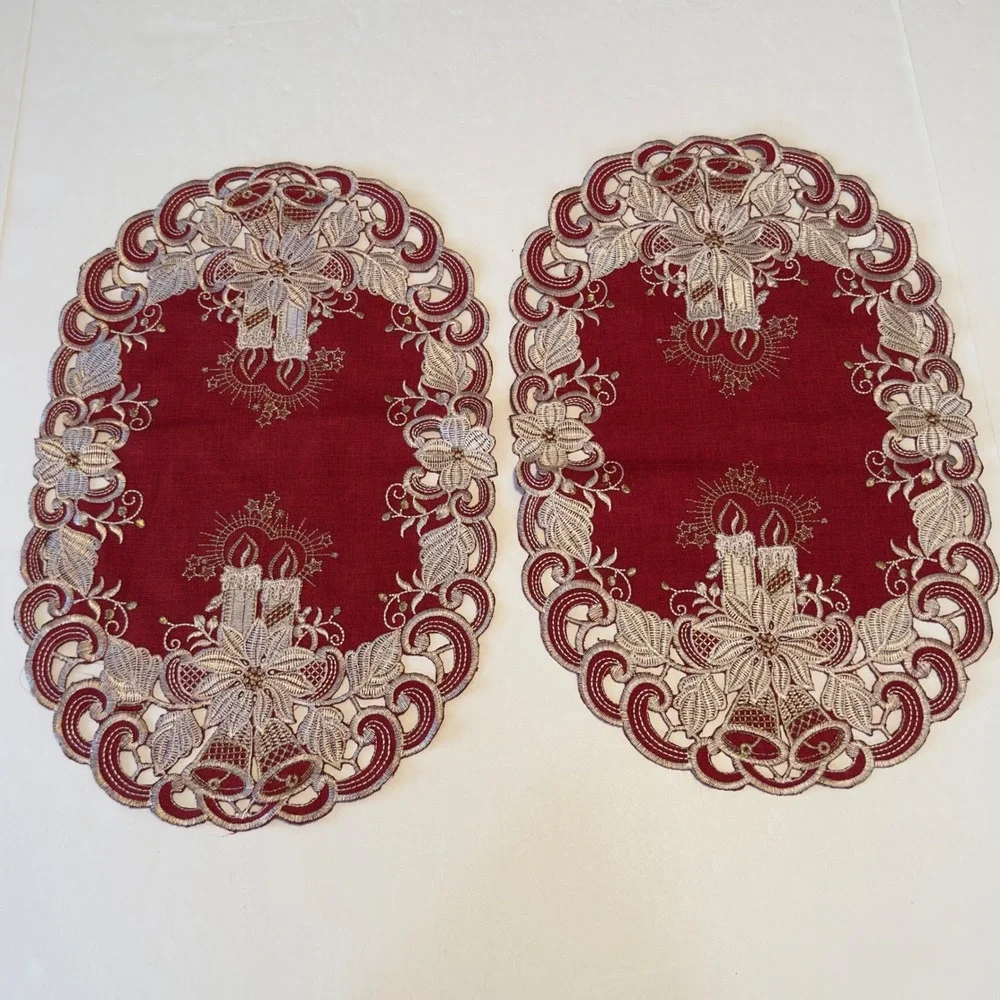 Red Christmas Placemats Set of 2 Embroidered Poinsettia Candle Bell Oval Holiday