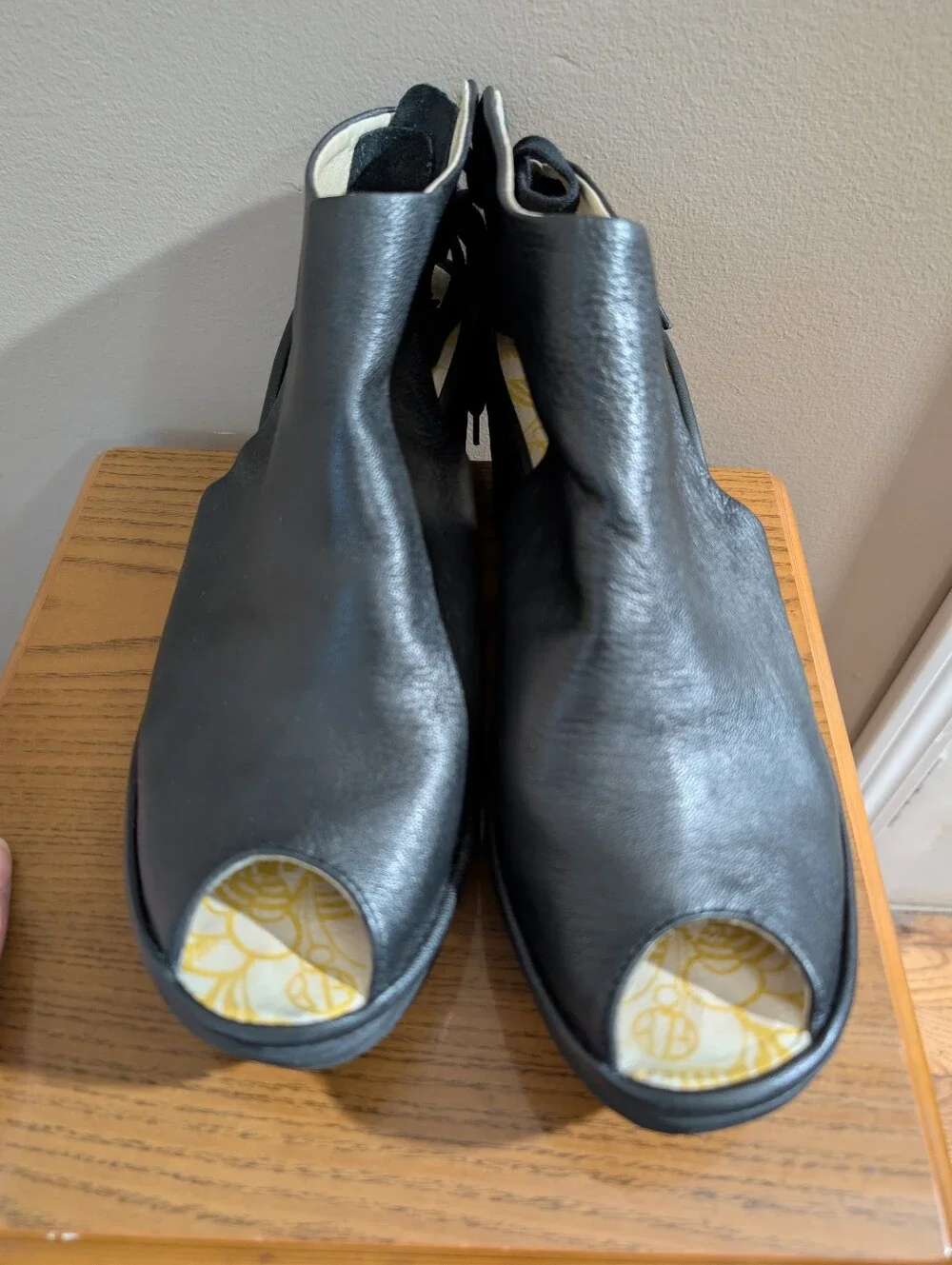 Fly London Leather Black Wedge Sandals, Size:42/10.5-11