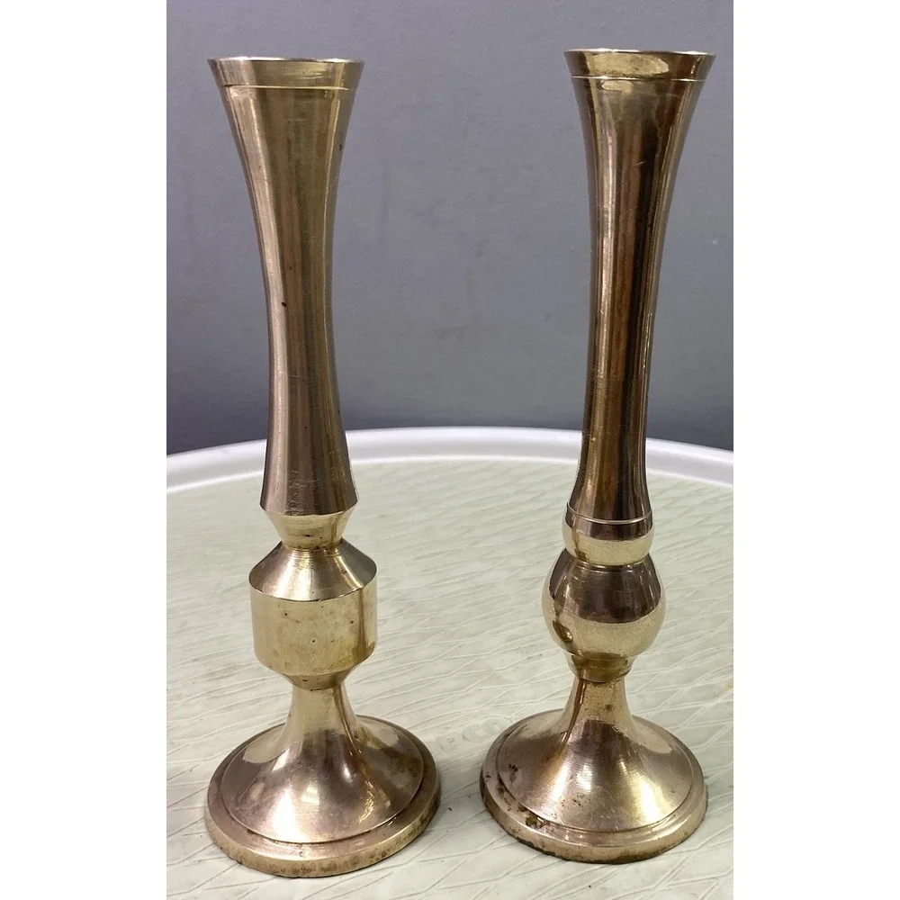 2 Vintage Handmade&Hand Engraved Gold CandleSticks Made Of Brass 6 3/4