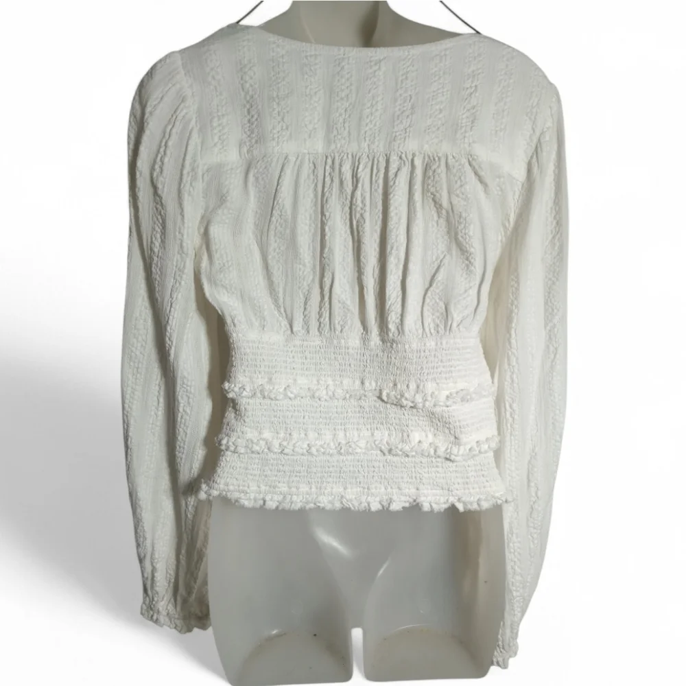 Free People White Smocked Tie Front Keyhole Crop Top Boho Peasant Blouse Sz S/P