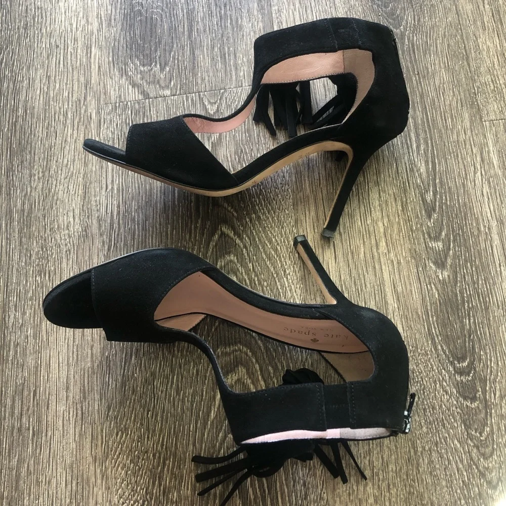 kate spade Black Suede Tassel T-Strap Stiletto Heels