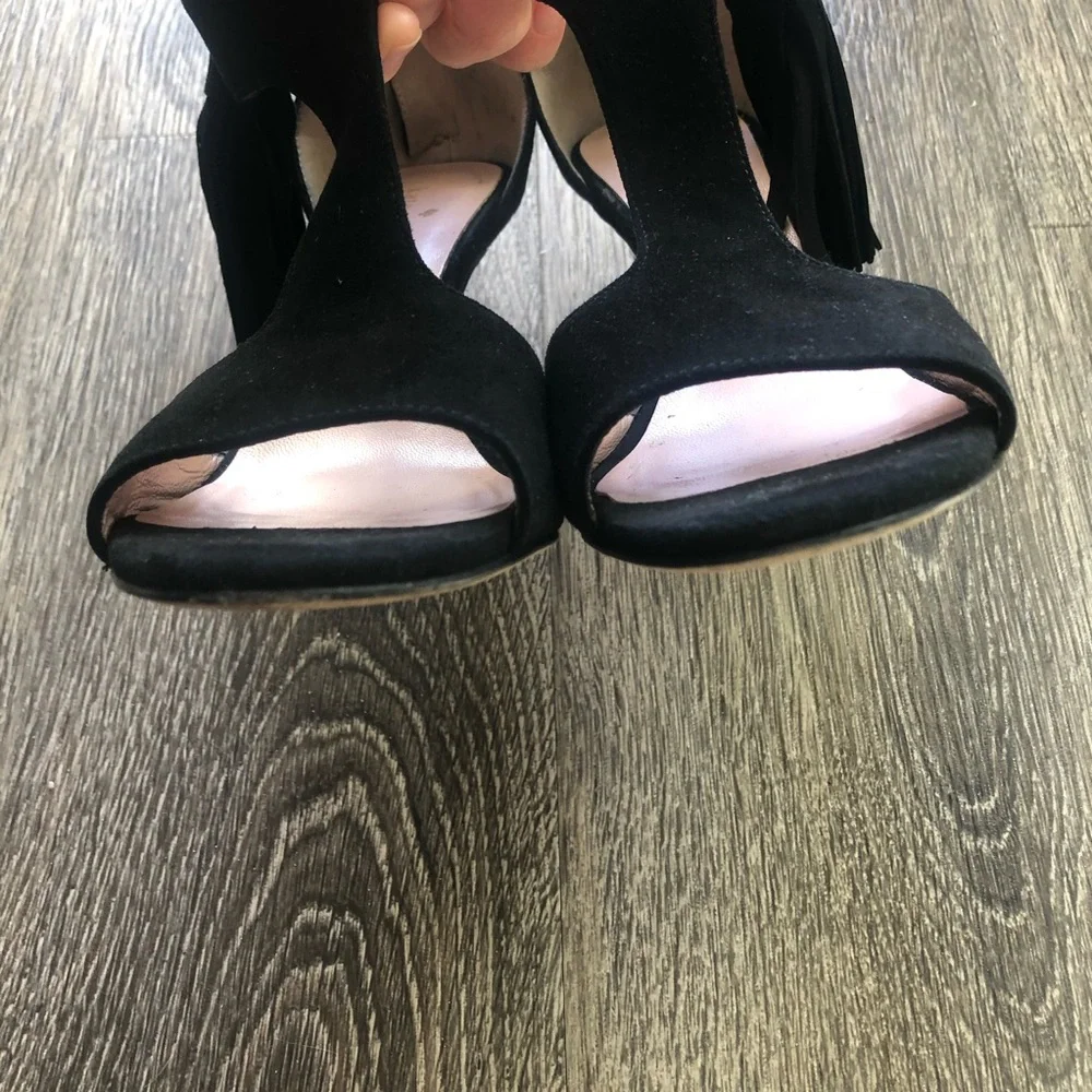 kate spade Black Suede Tassel T-Strap Stiletto Heels