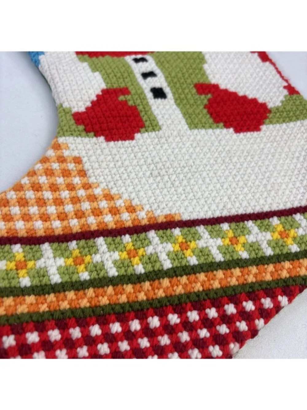 Vintage Needlepoint Christmas Snowman Stocking 19” Lined