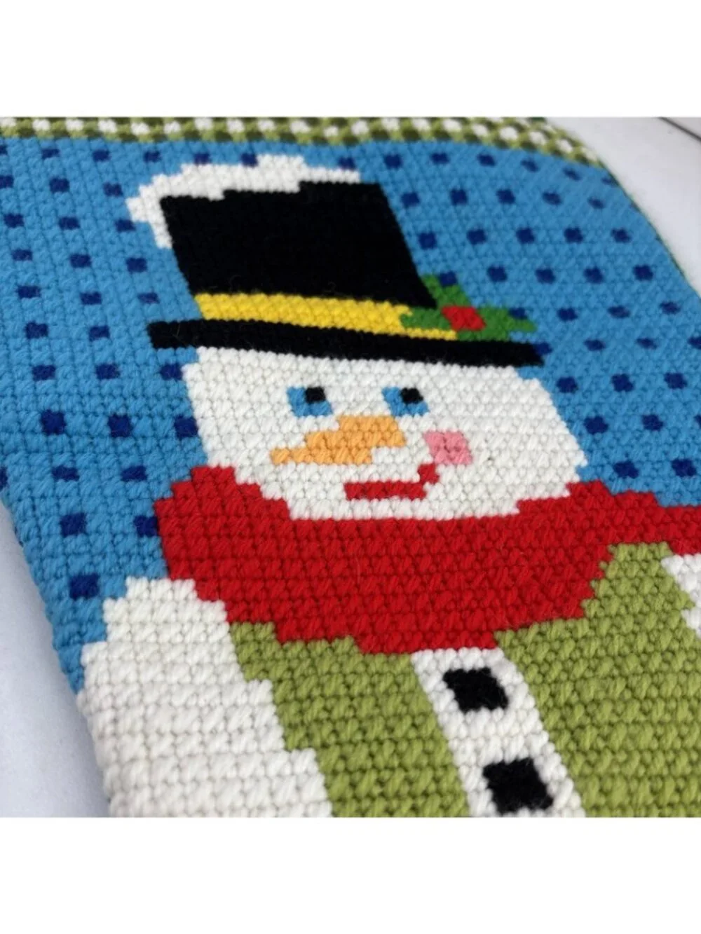 Vintage Needlepoint Christmas Snowman Stocking 19” Lined