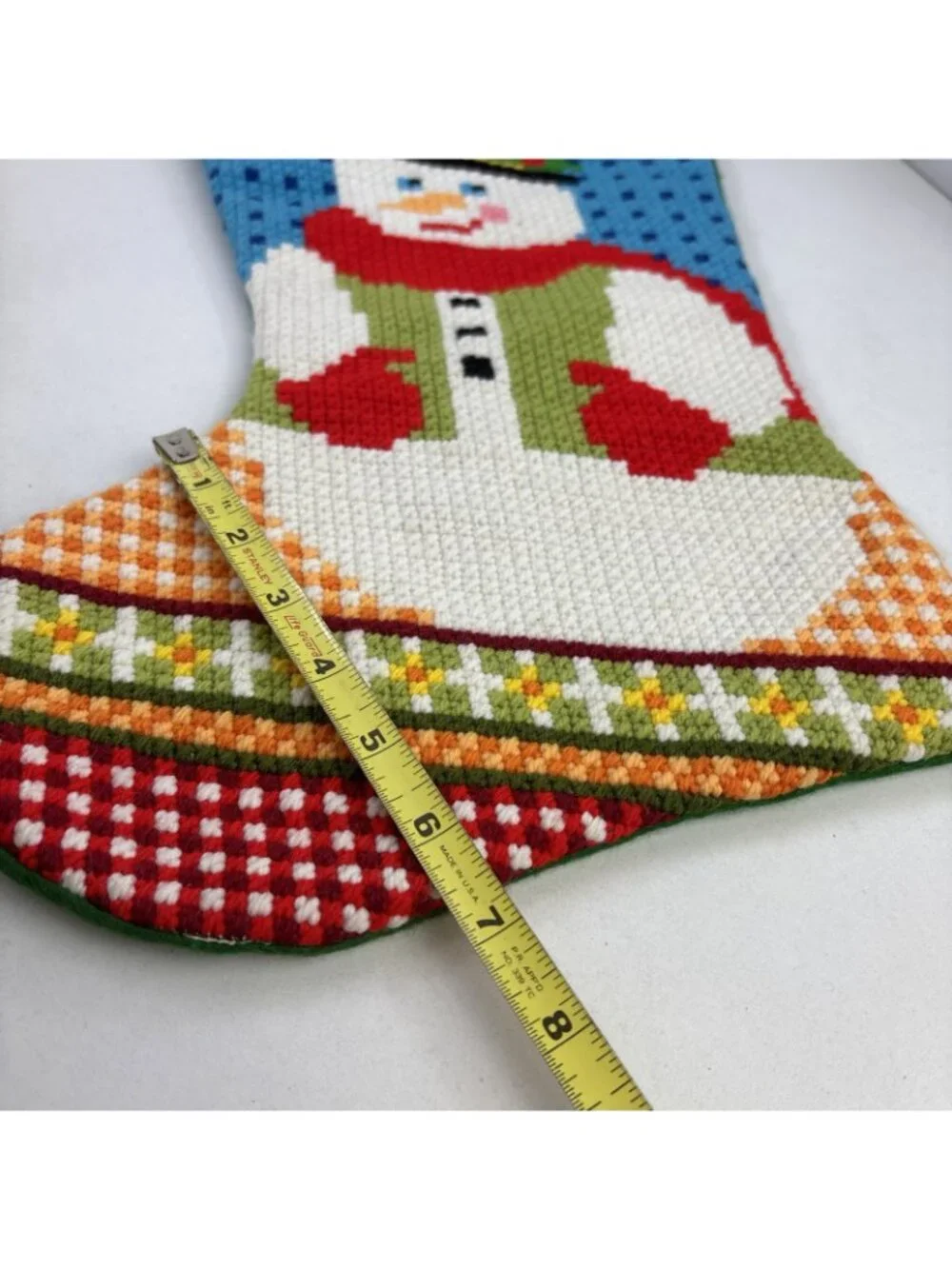 Vintage Needlepoint Christmas Snowman Stocking 19” Lined