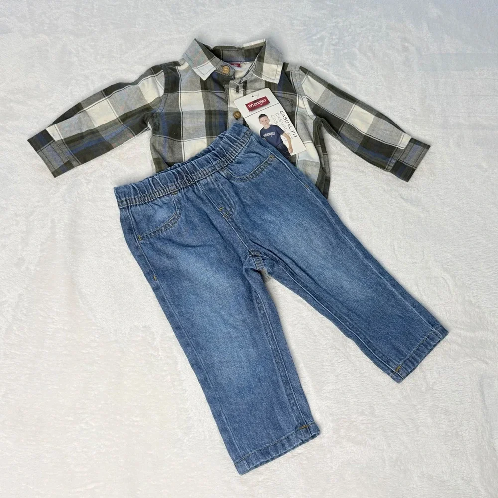 Wrangler Baby Boy 12M Plaid Bodysuit and Jeans 2 Piece Set Blue Green W23F554IHA