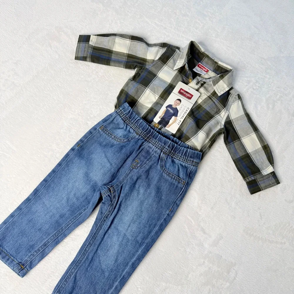 Wrangler Baby Boy 12M Plaid Bodysuit and Jeans 2 Piece Set Blue Green W23F554IHA