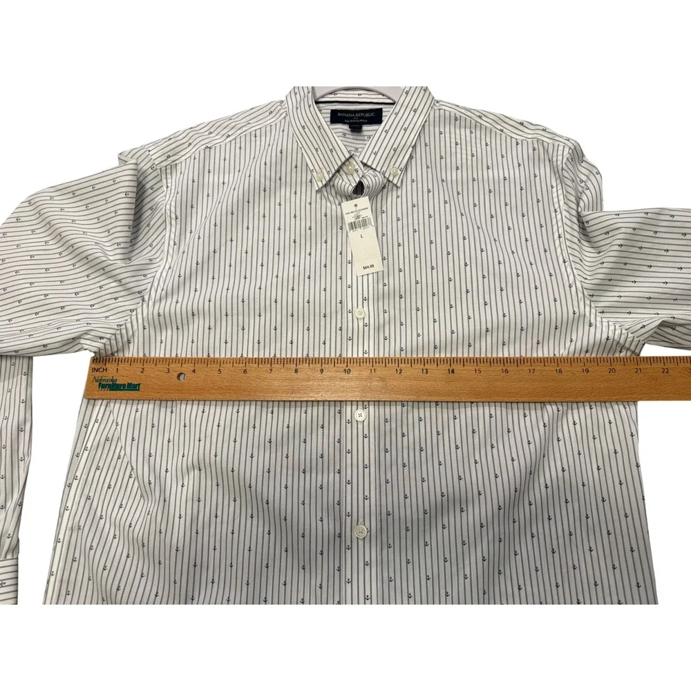 Banana Republic Mens Non-Iron Slim Fit Anchor Stripe Button Down Shirt White‎ L