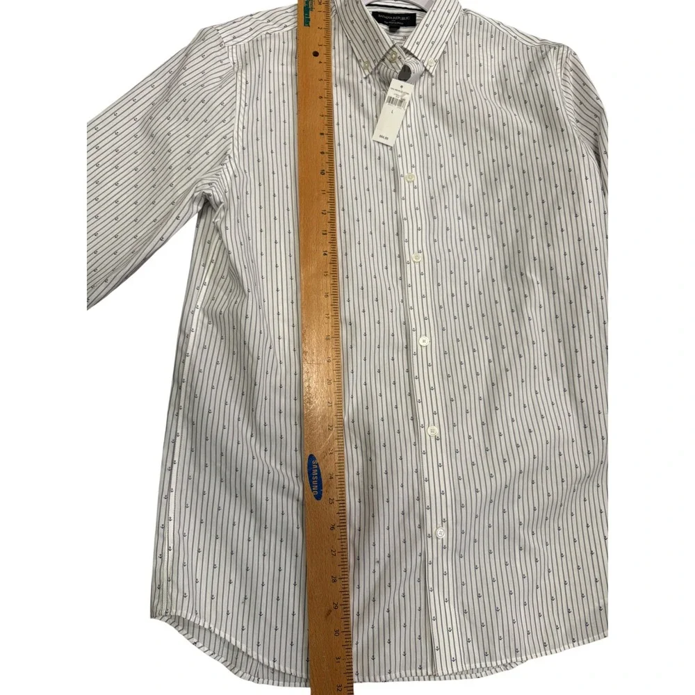 Banana Republic Mens Non-Iron Slim Fit Anchor Stripe Button Down Shirt White‎ L