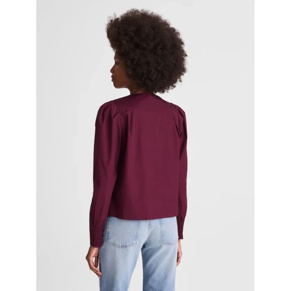 Madewell V-Neck Button-Front Top XS Dark Pomegranate Long Sleeve Workwear