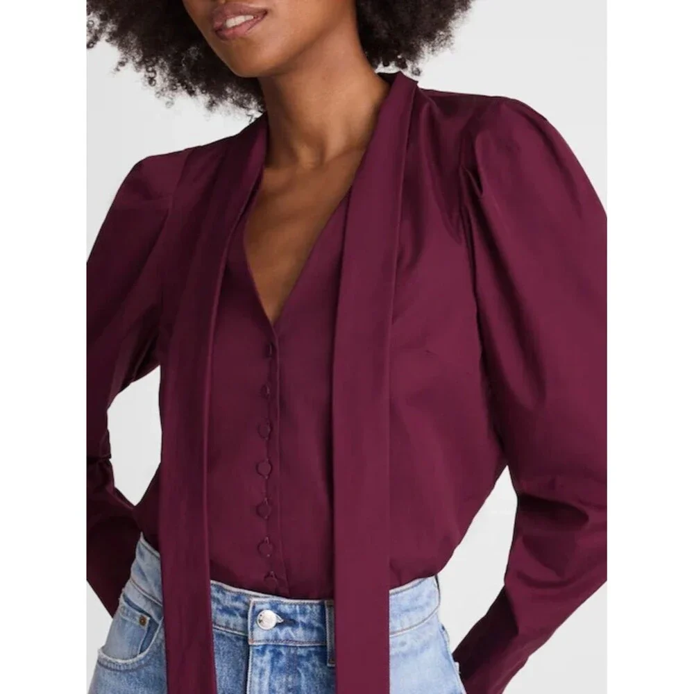 Madewell V-Neck Button-Front Top XS Dark Pomegranate Long Sleeve Workwear