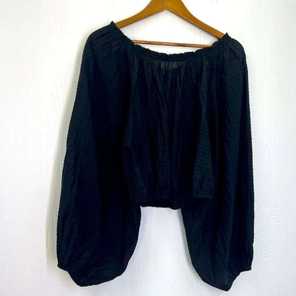 Free People - Alicia Black Off The Shoulder Puff Sleeve Tie Back Crop Top Size S