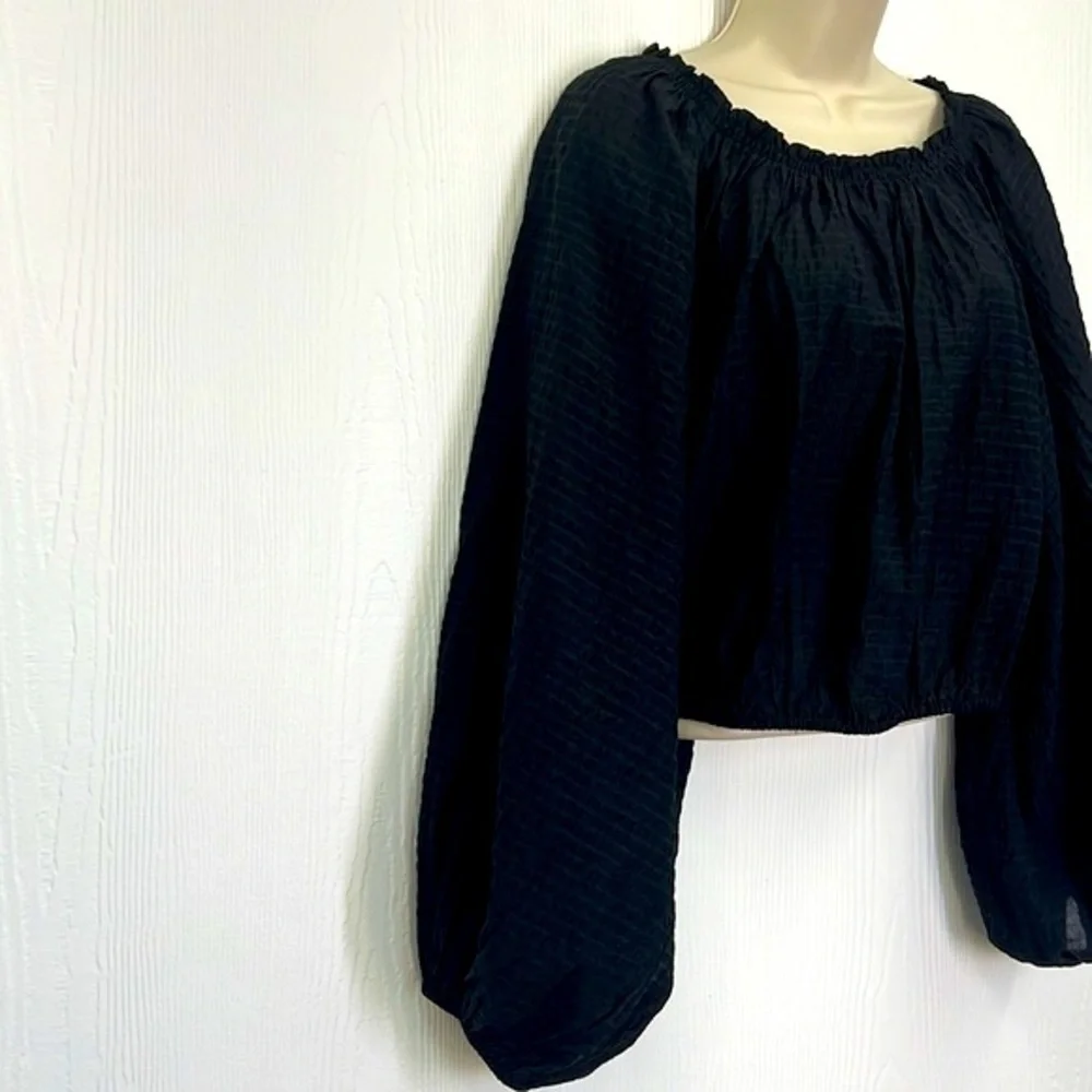 Free People - Alicia Black Off The Shoulder Puff Sleeve Tie Back Crop Top Size S