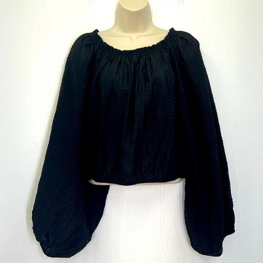 Free People - Alicia Black Off The Shoulder Puff Sleeve Tie Back Crop Top Size S