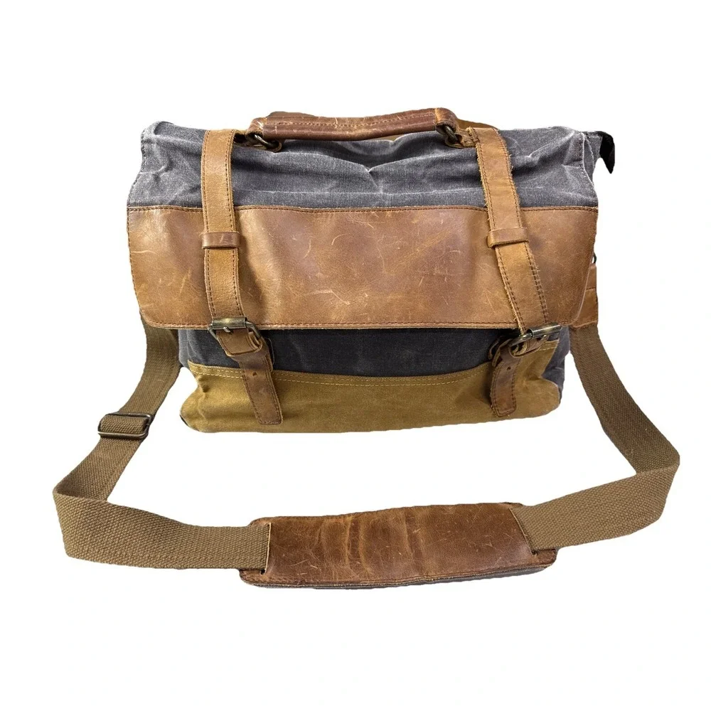 NEWHEY Men's‎ Leather Canvas Laptop Messenger Bag - Brown Blue 3j