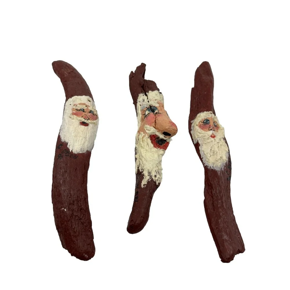 3 Hand Painted Santa Claus on bark Artist Signed C. Dyson 1990s Red Folk Art