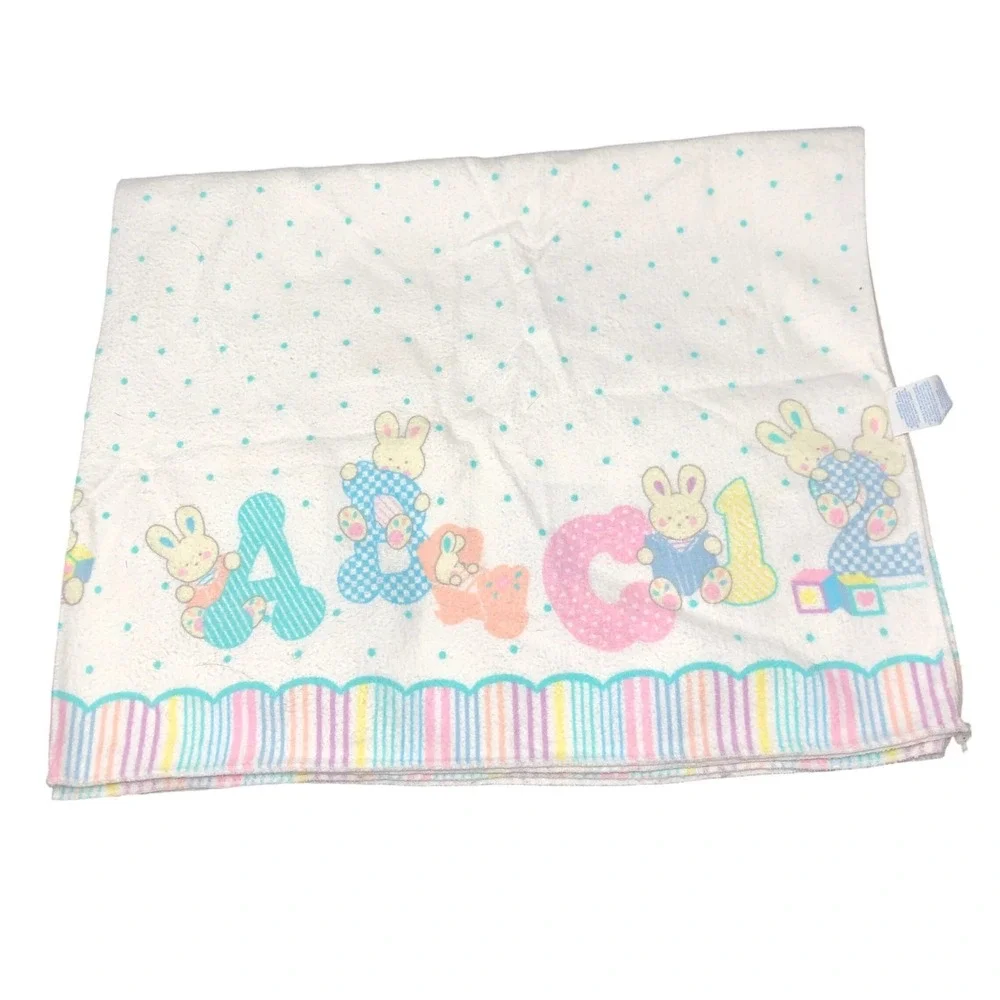 Vintage Carters Baby Receiving Blanket White ABC 123 Bunnies Pastel Cotton 30x40