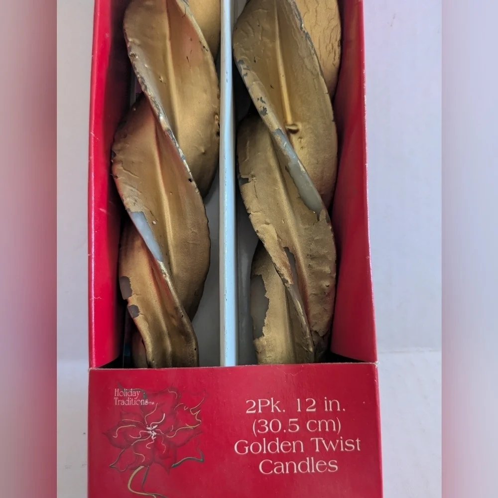 Vintage Twist Candles (2) Gold New In Box. Holiday Traditions.