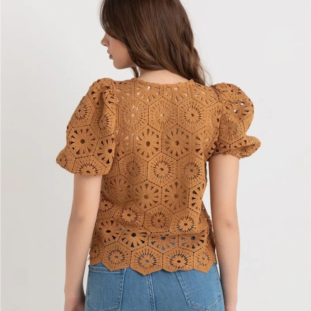 Zara Crochet Puff Sleeve Sweater Top - Rust/Tan/Spice Brown color