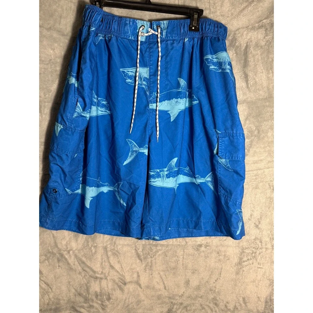 The Foundry Supply Co Mens 2XL Blue Shark Print Swim Trunks  Pocket Mesh  Lined‎