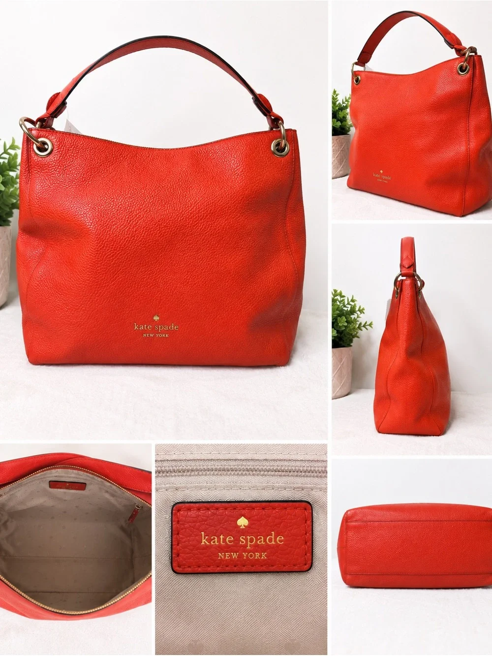 kate spade Red Orange Pebbled Leather Shoulder Hobo with Gold Hardware