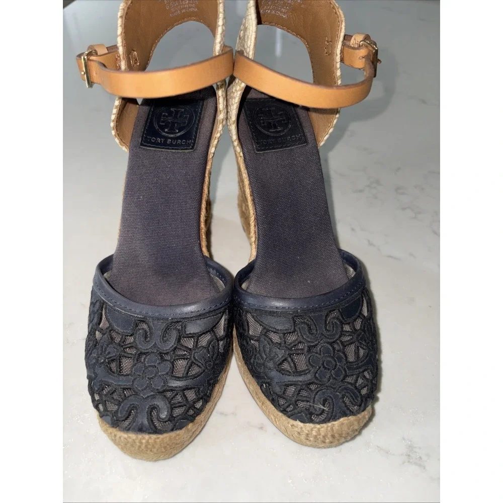Tory Burch Lucia Espadrilles Sandals Platform Navy floral lace Jute Leather 6.5