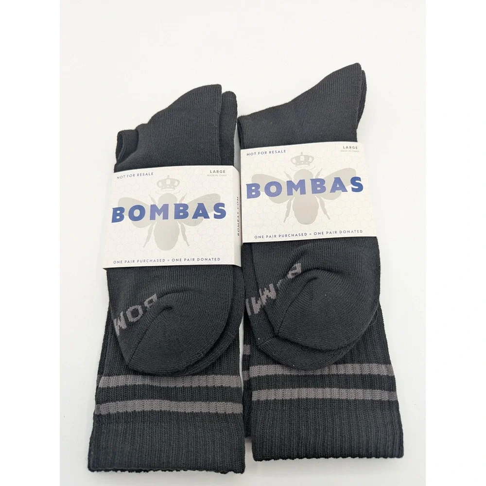 Bombas 2 Pack‎ Black Crew Socks Large Striped Honeycomb Arch Support NEW