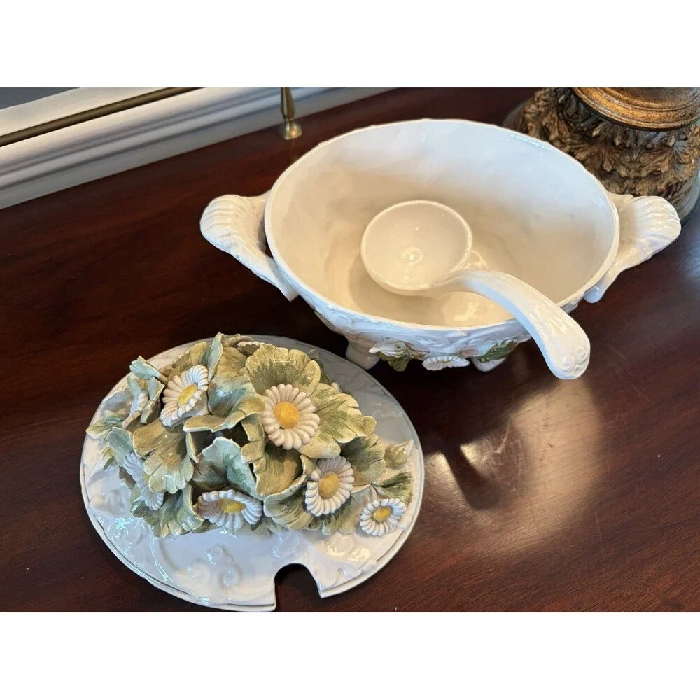 Vintage Italian Tureen Soup Serving Bowl Capodimonte Style w/ Ladle Daisy