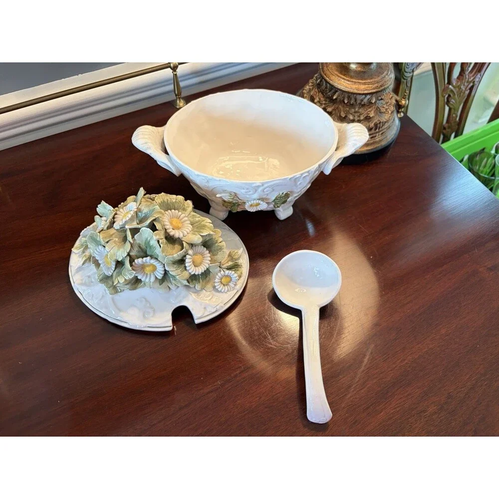 Vintage Italian Tureen Soup Serving Bowl Capodimonte Style w/ Ladle Daisy
