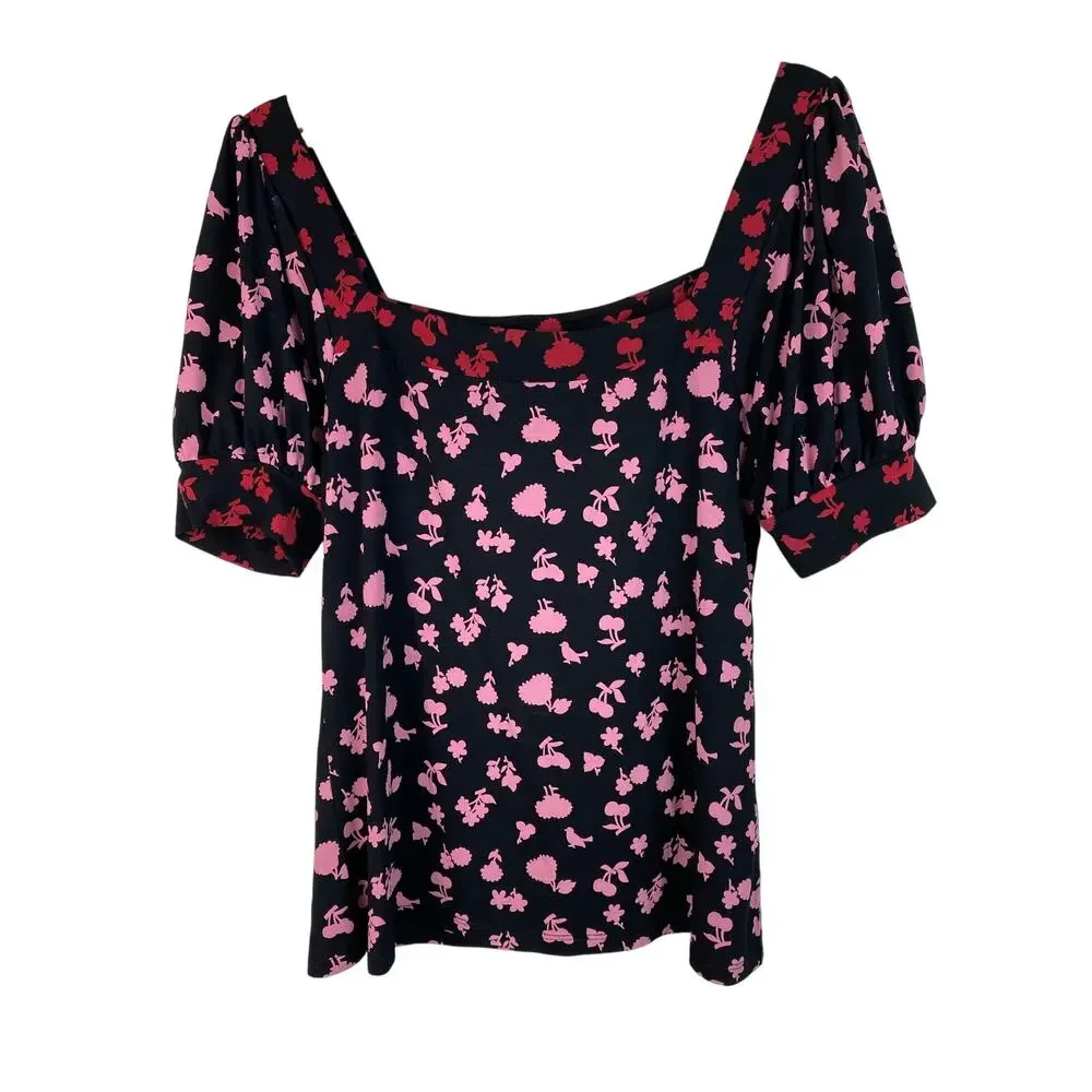 Boden Women's Size 8 Black‎ Red Pink Puff Sleeve Square Neck Top *