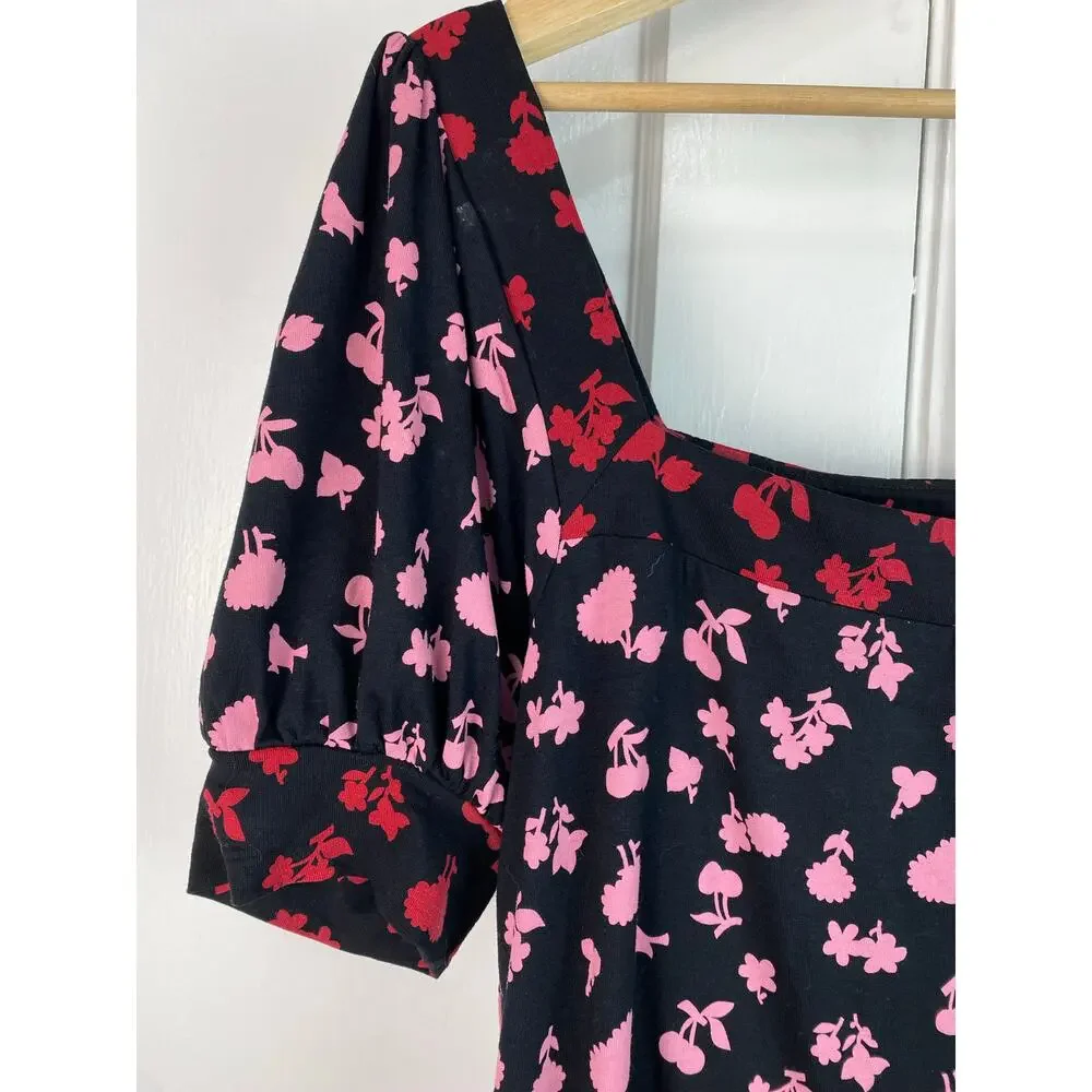 Boden Women's Size 8 Black‎ Red Pink Puff Sleeve Square Neck Top *