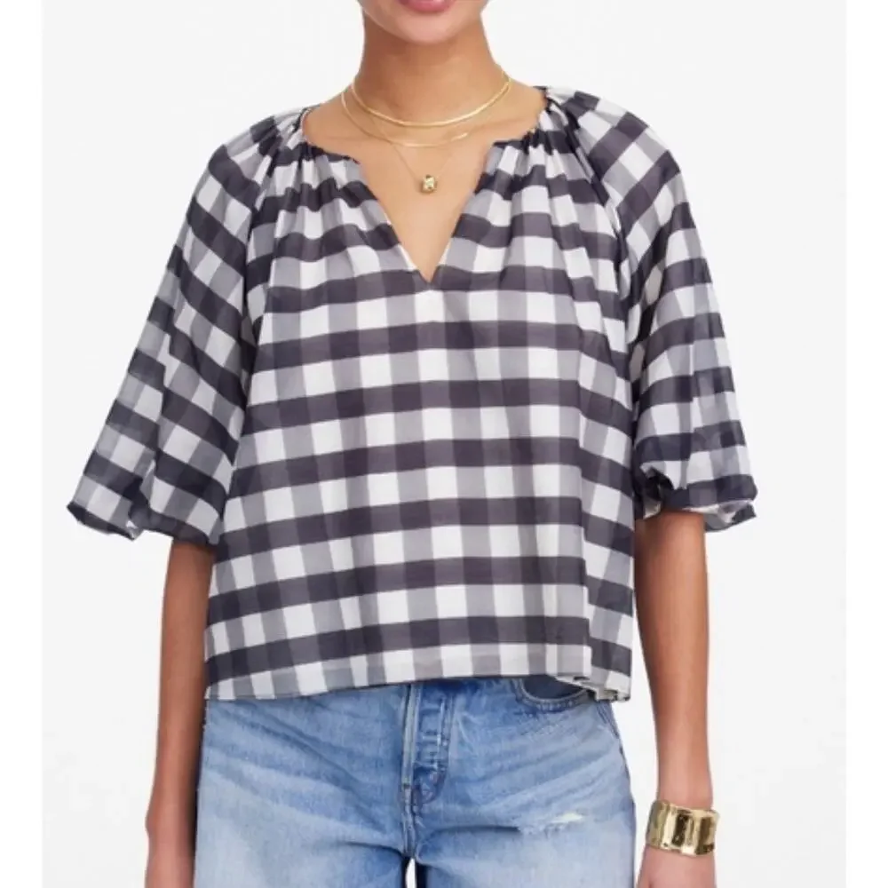 NWT Madewell Bubble-Sleeve Top True‎ Black Gingham Plaid Short Sleeve Size 2