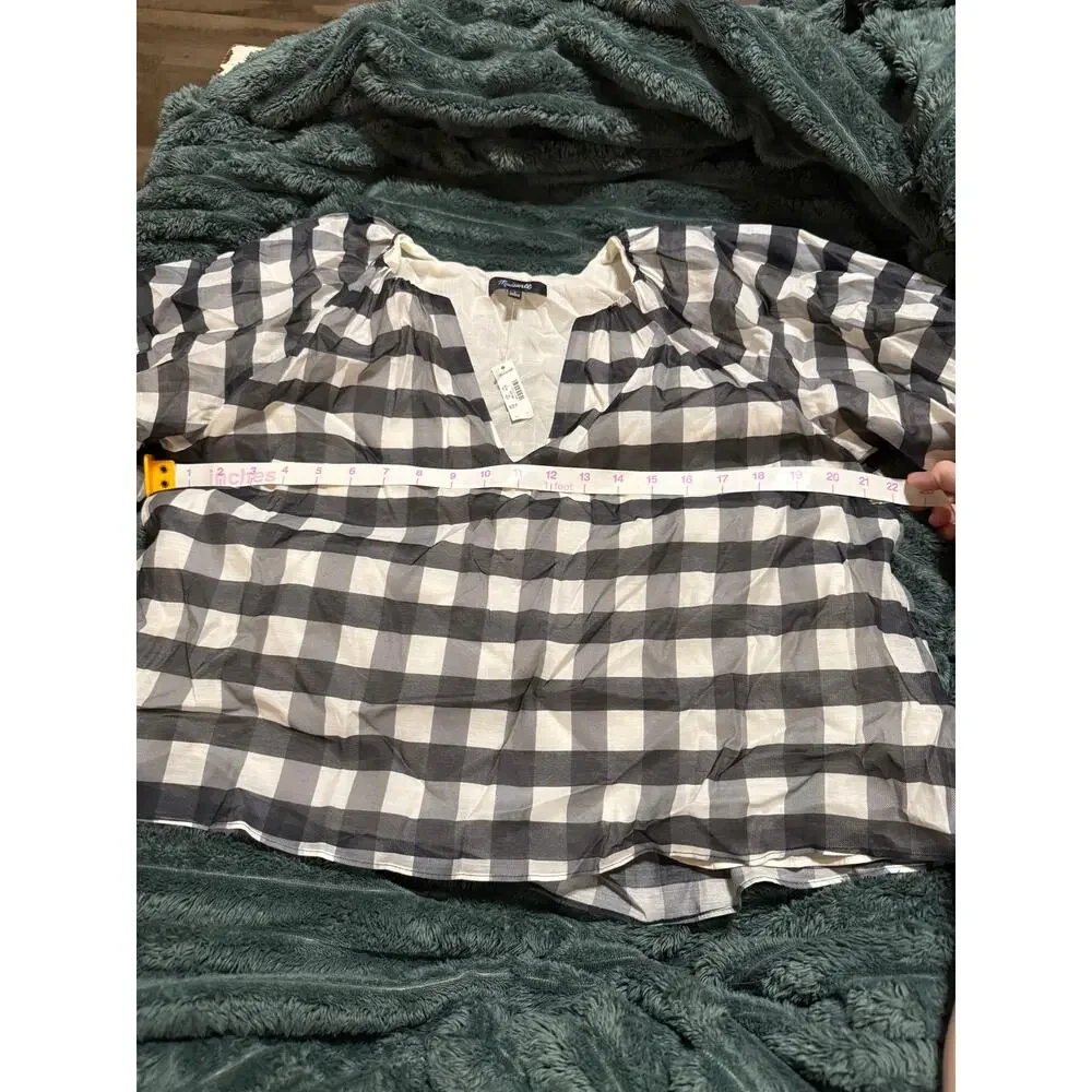NWT Madewell Bubble-Sleeve Top True‎ Black Gingham Plaid Short Sleeve Size 2