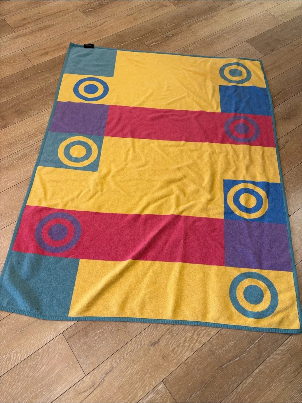 VTG Ibena Germany Geometric Throw Blanket Reversible MCM Blue Yellow Red
