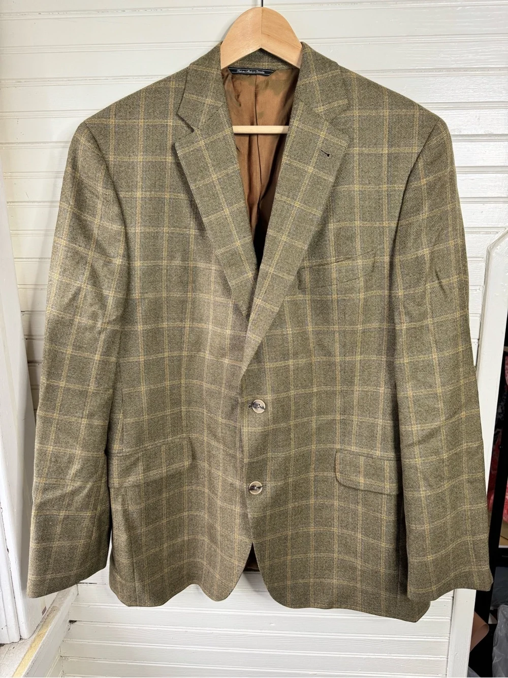 Marc Shale Titus SC Wool Cashmere sport coat blazer 44R olive windowpane