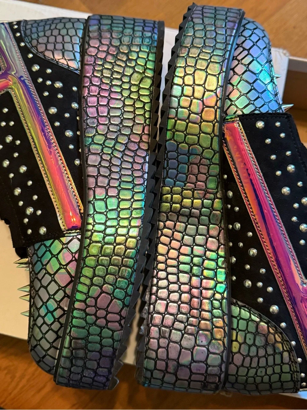 Y.R.U. Black Platform Sneakers with Iridescent Rainbow Scales and Pink Accents
