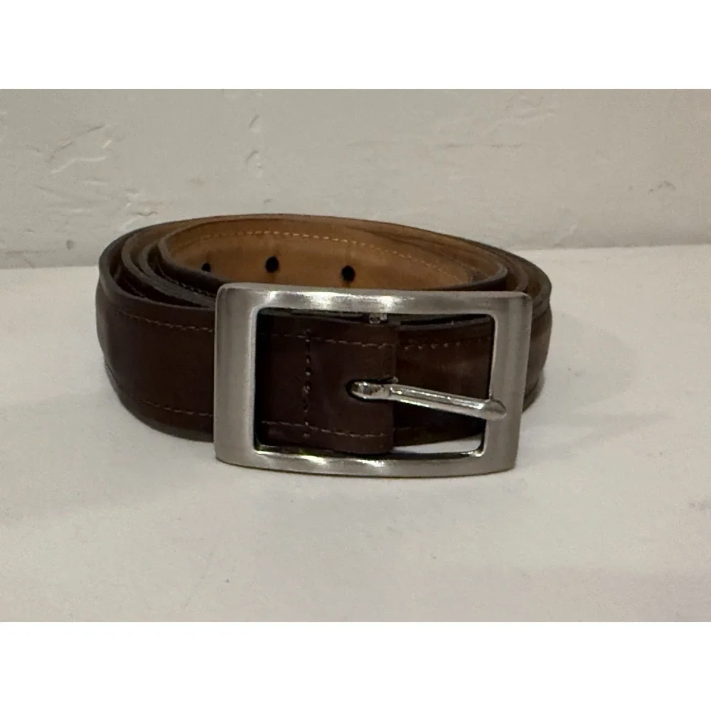 Vintage Brown Leather Dress Belt 38 Men Paneled Casual Silver Large Buckle 45