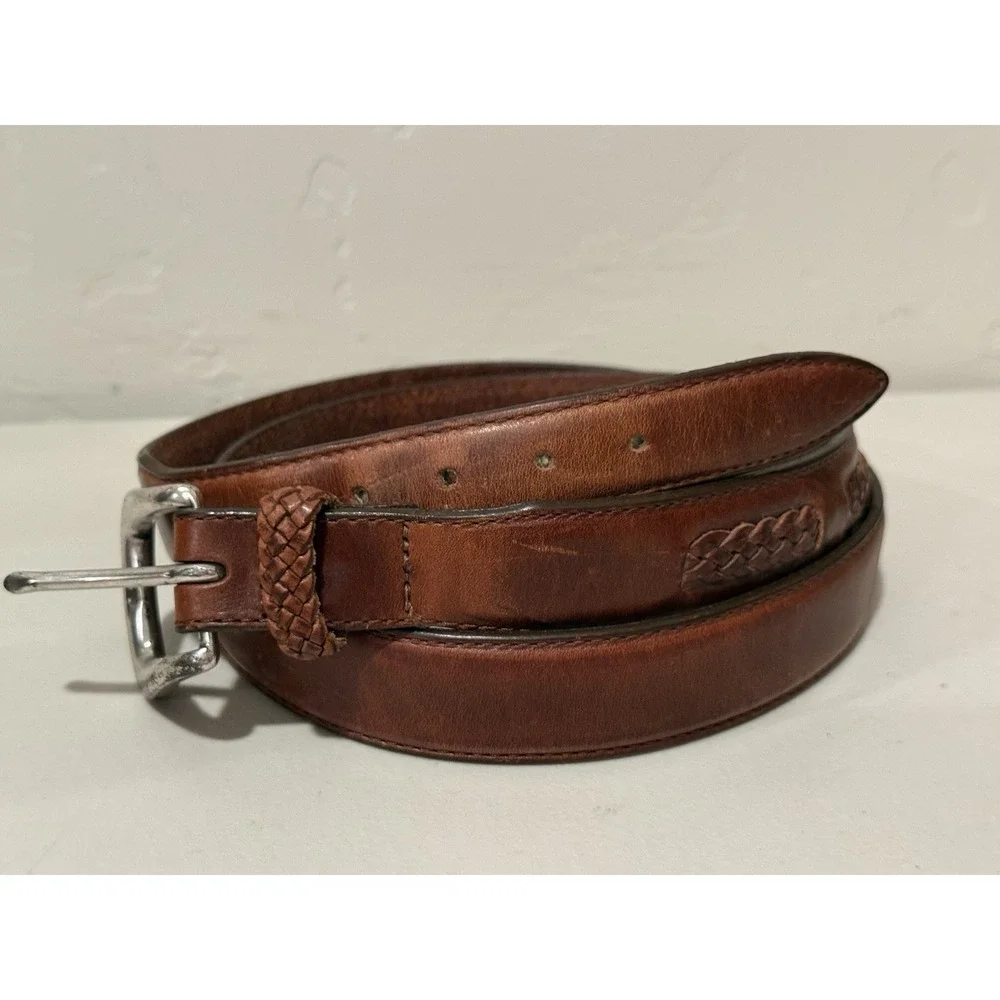 Vintage Men Brown Leather Belt 40 Braided Accent Western Dress Silver Buckle