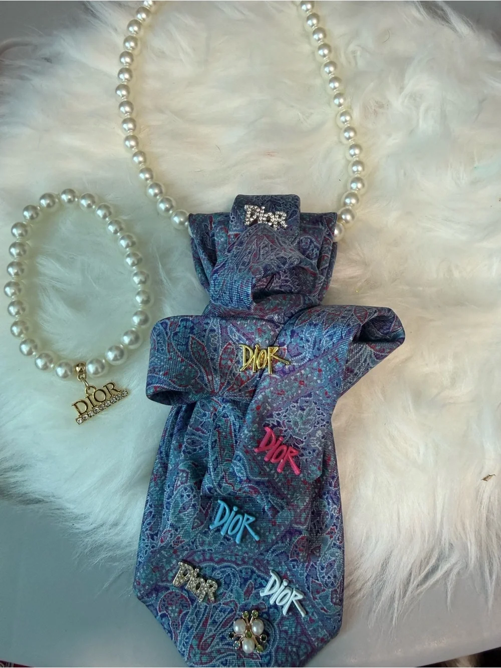 Dior Multicolor Logo Silk Scarf Necklace with Pearl Bracelet - Blue, Purple