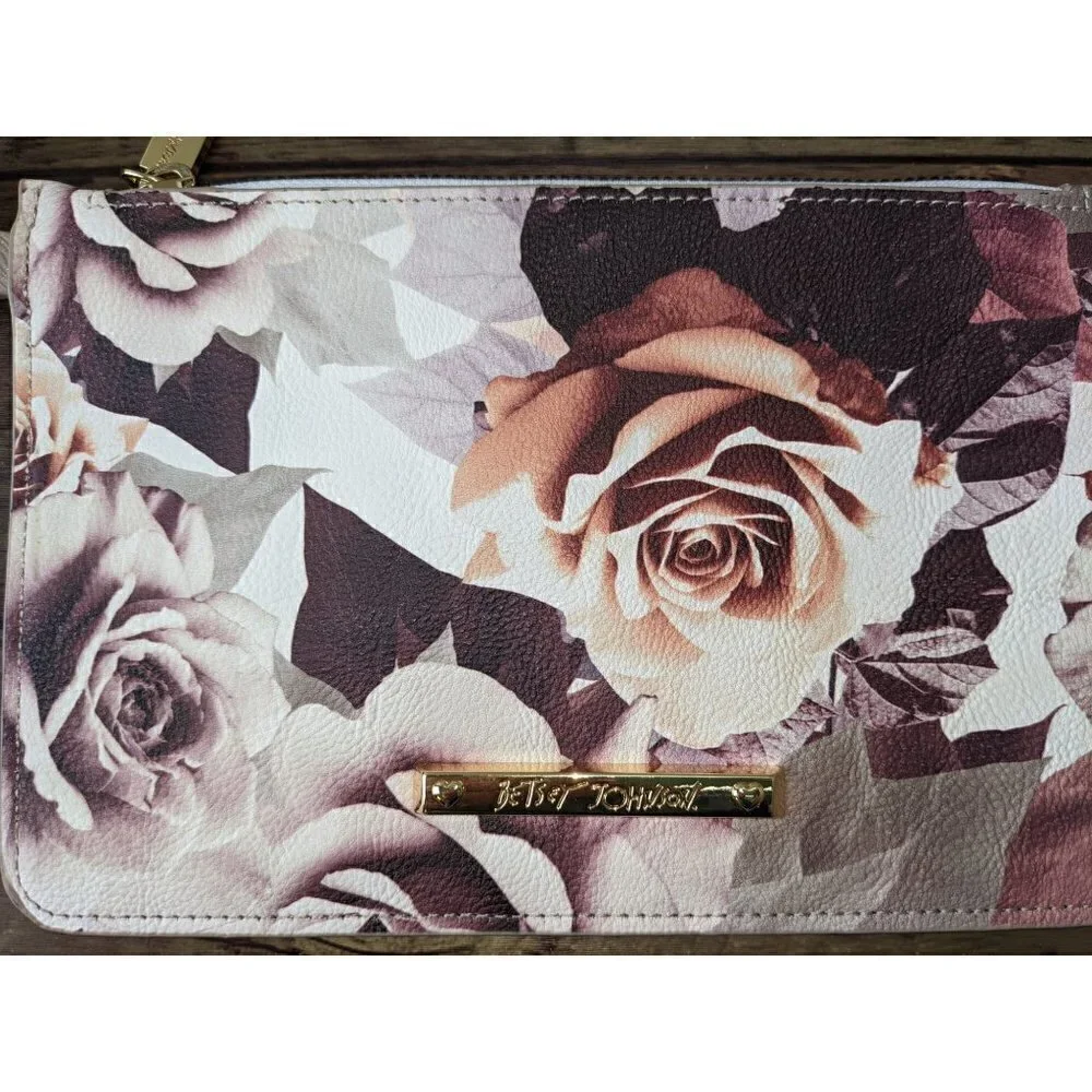 Betsey Johnson Wristlet Pouch Rose Print Signature Logo