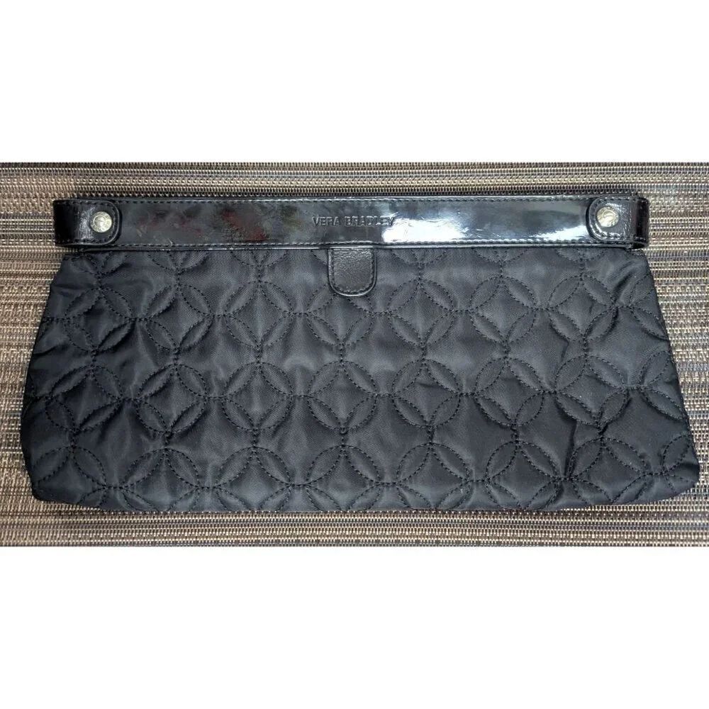 Vera Bradley Black Quilted Clutch Bag Nylon Patent Leather W/Silver Hardware 13i