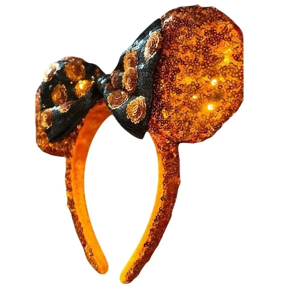 Disney Parks Halloween Ears Headband Orange‎ Sequin Black Bow Minnie Mouse
