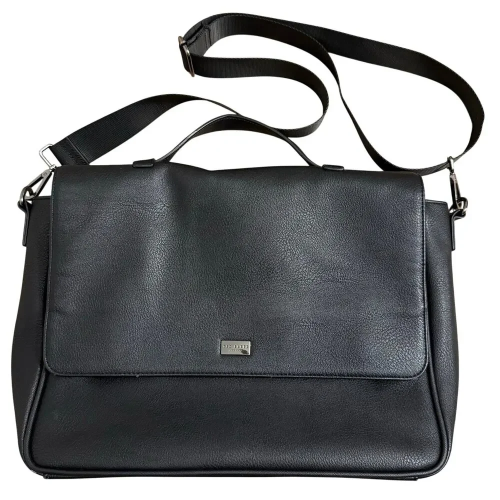 Ted Baker Messenger Bag Briefcase Laptop Faux Leather Professional Unisex Black